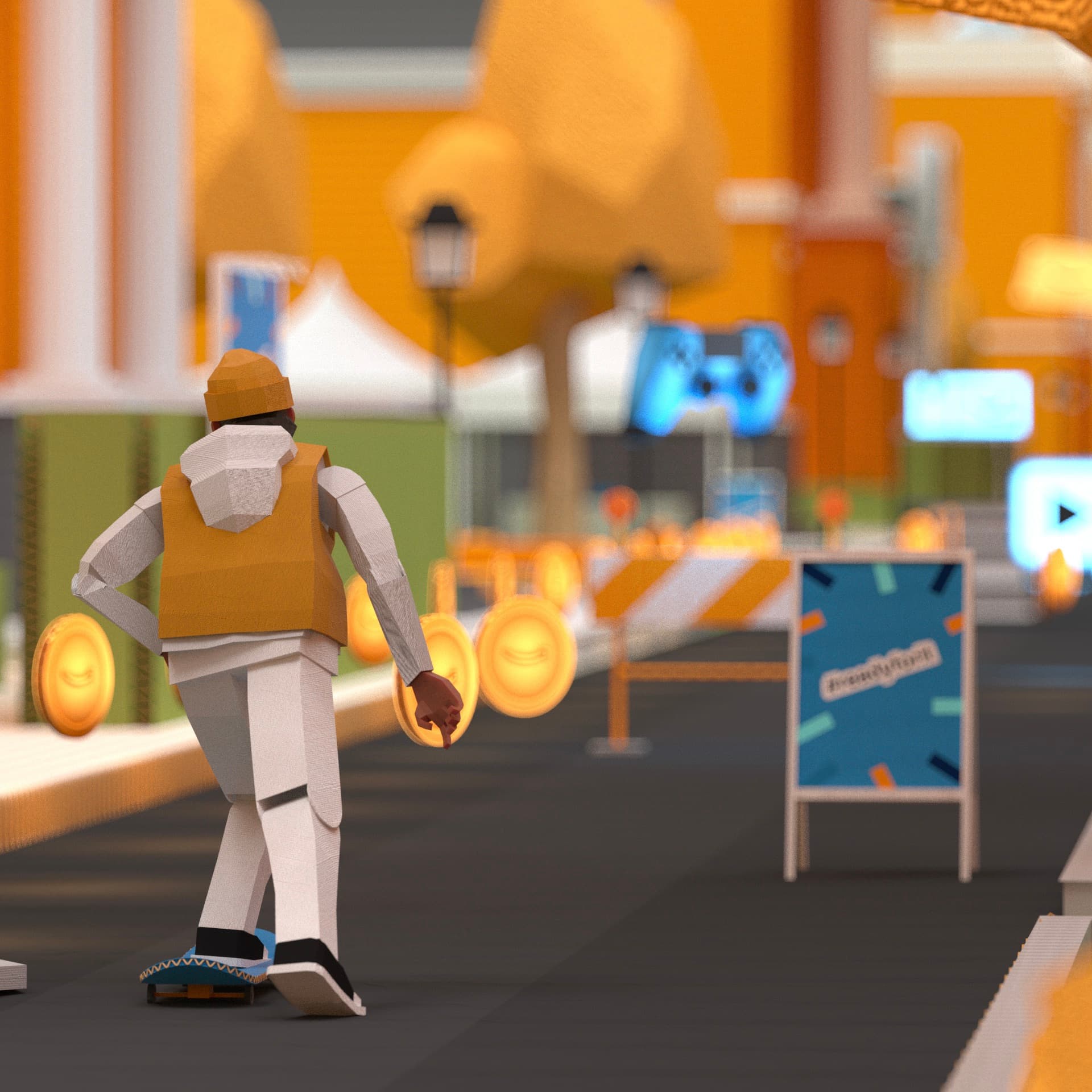 A 3D rendered character skating in a colourful world