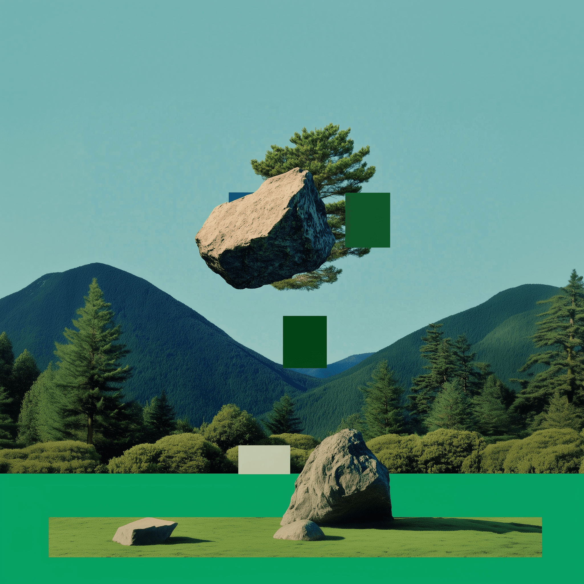 Floating rock and trees surrounded by green geometric shapes in an Asset Tokenization brand illustration.