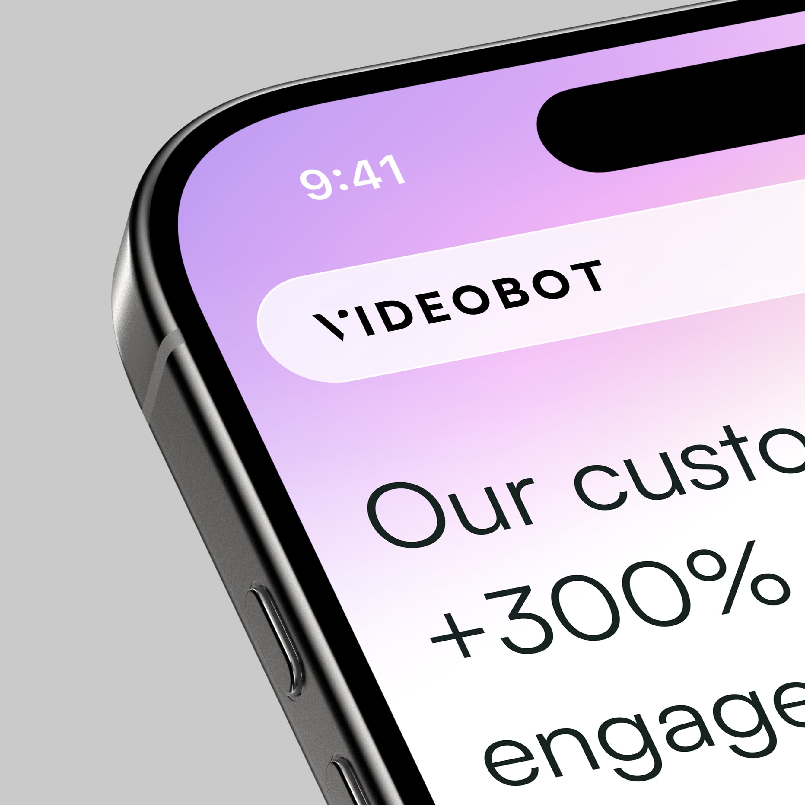 Close-up of the Videobot mobile website with its logo and customer engagement message.