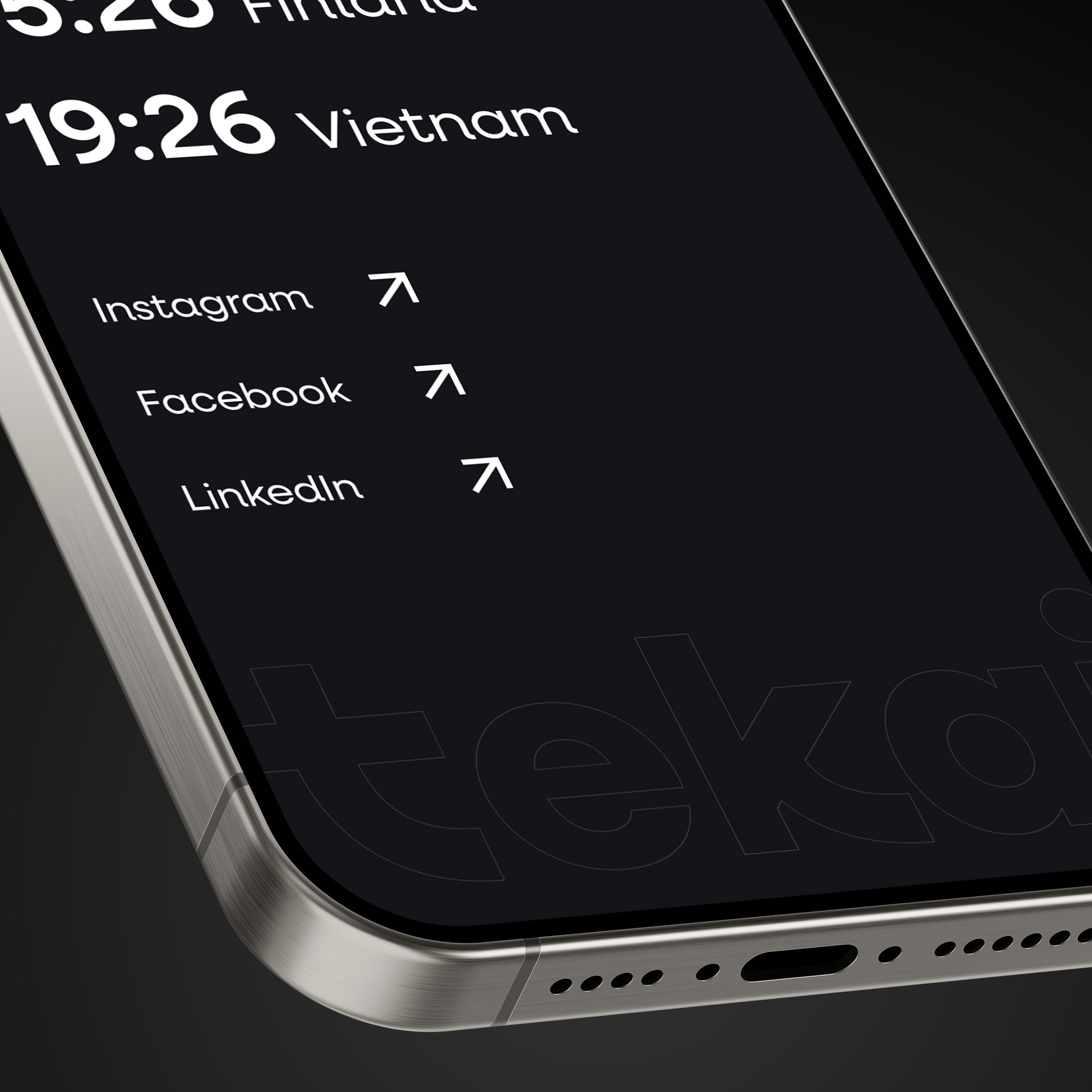 Close-up of Tekai's mobile website footer with Finland and Vietnam times and social links.