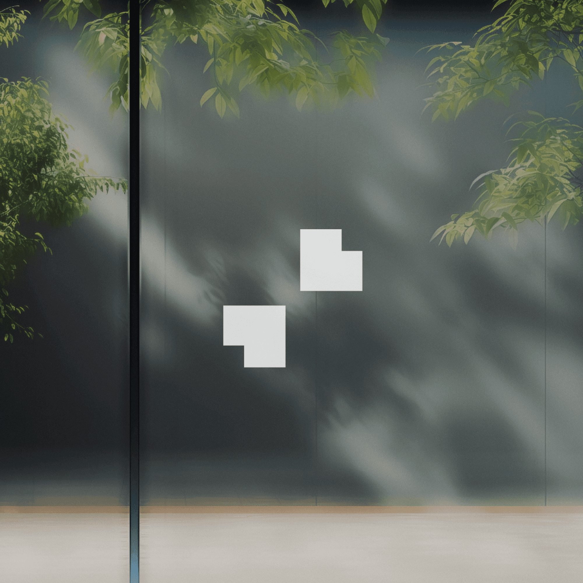 White Asset Tokenization symbols on dark glass panels with soft tree shadows.