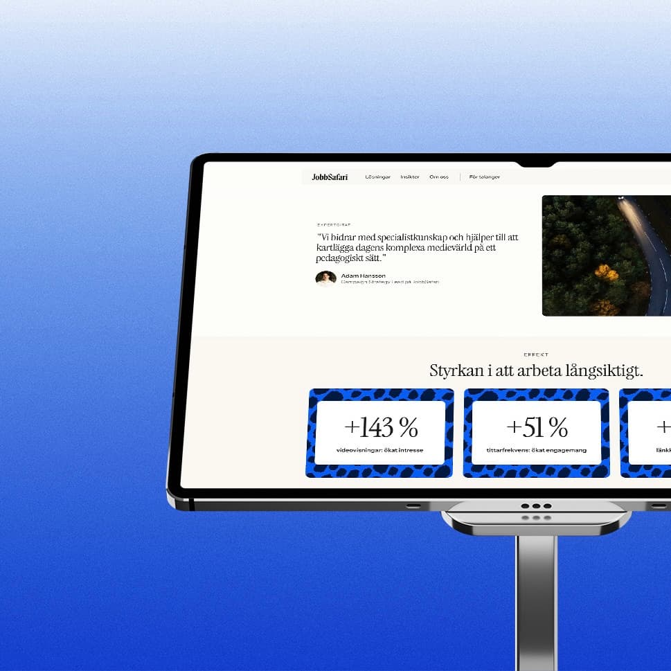 Jobbsafari website on a desktop monitor, showing recruitment results and performance figures.