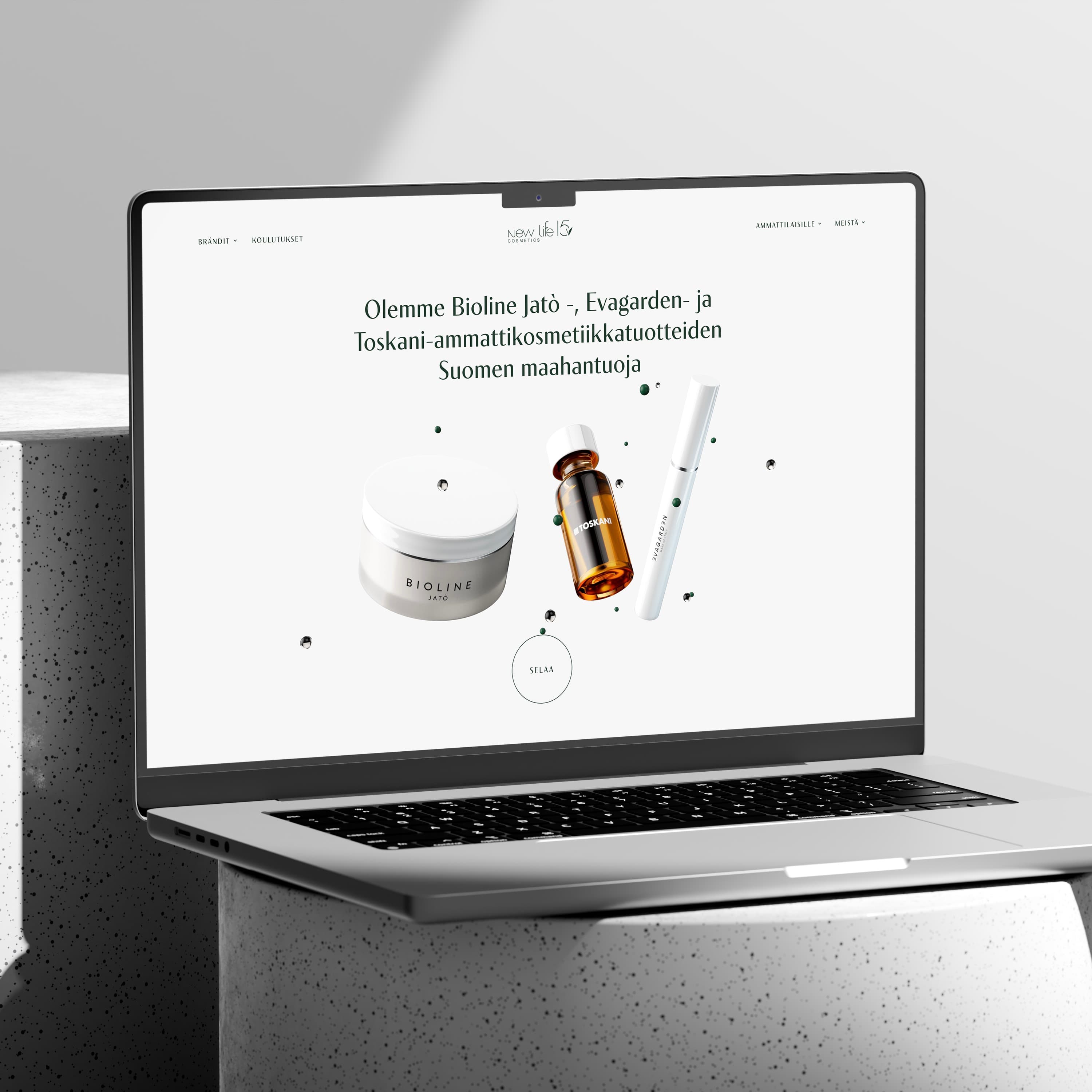Laptop on a concrete pedestal showing Newlife's skincare brand website.