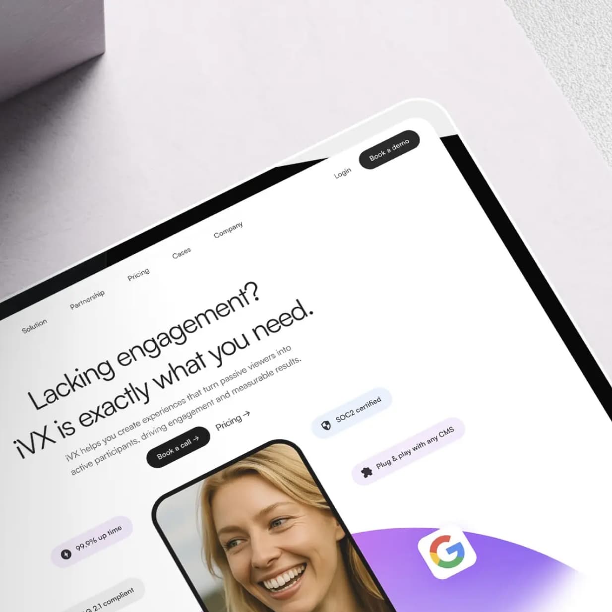 Tablet showing Videobot's website with a video portrait and interactive engagement features.