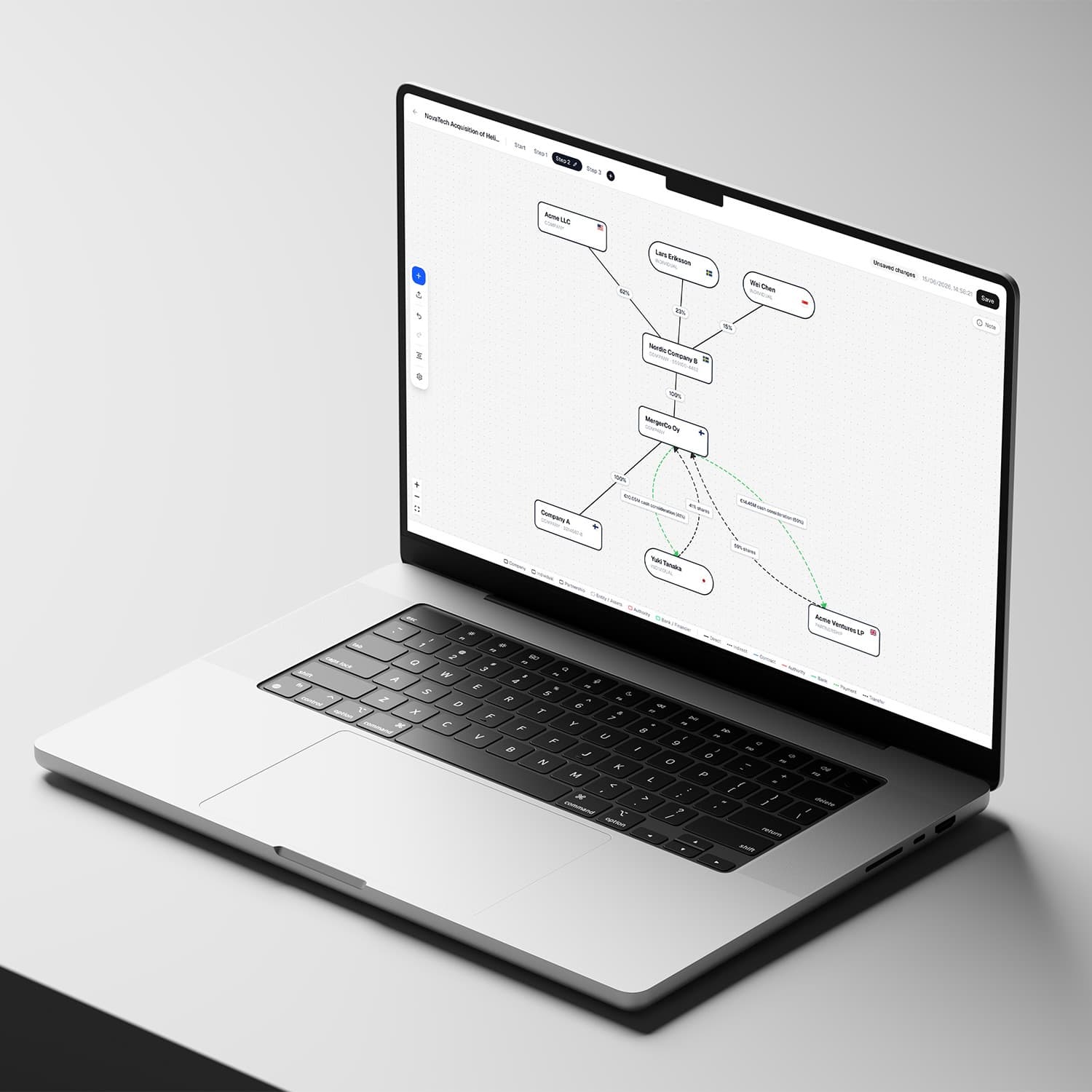 Laptop displaying a connected workflow diagram in the Uceeit application.
